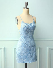Party Dress Sparkle, Baby Blue Spaghetti Straps Tight Homecoming Dress With Appliques