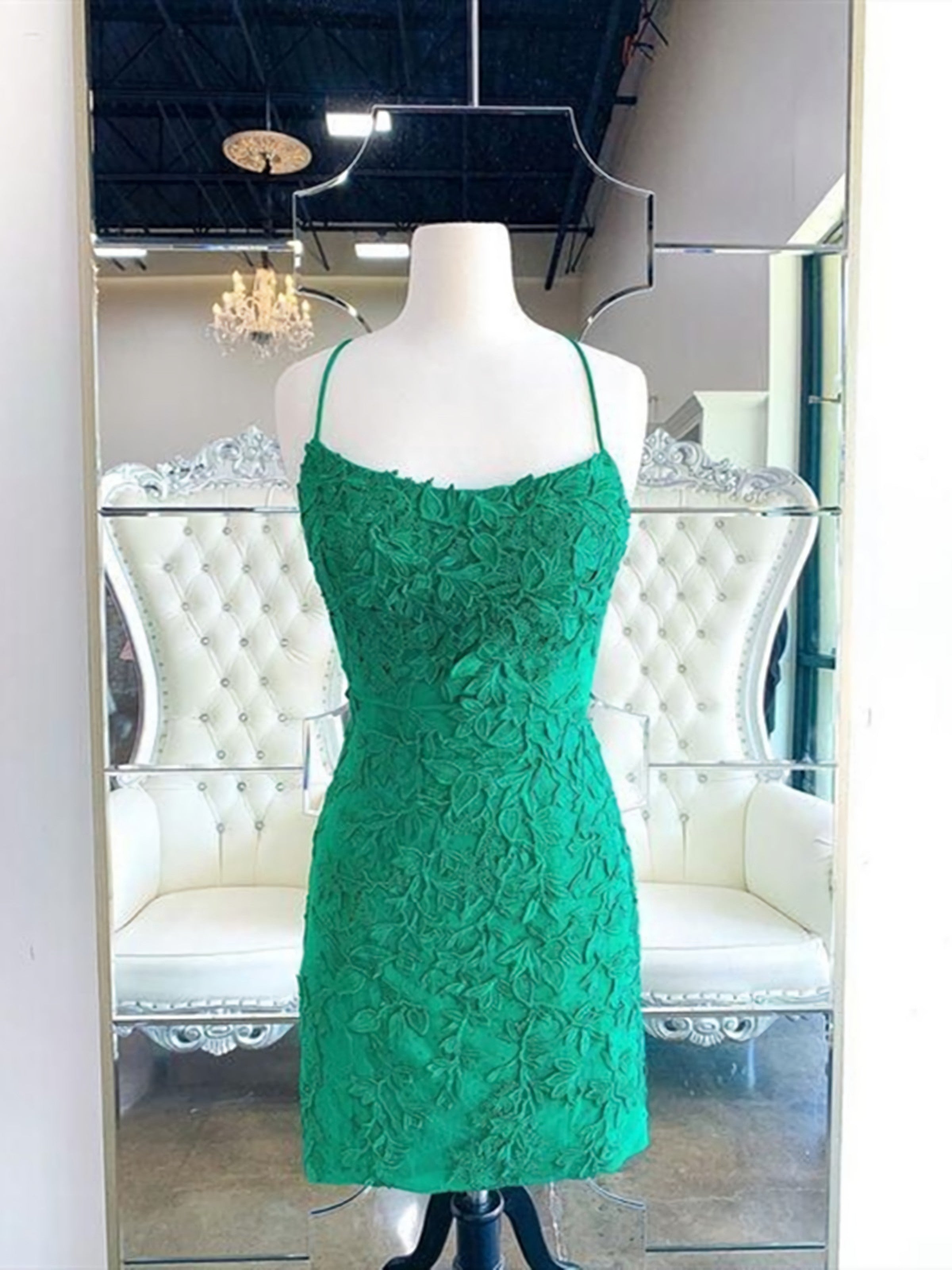 Homecoming Dresses Pretty, Backless Short Green Lace Prom Dresses
