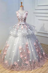 Formal Dresses Pink, Gorgeous Ball Gown Sleeveless Appliques Long Prom Dresses Quinceanera Dress