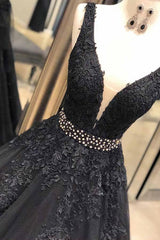 Aesthetic Dress, Ball Gown Straps Black V Neck Lace Appliques Prom Dresses, Beads V Back Dance Dress