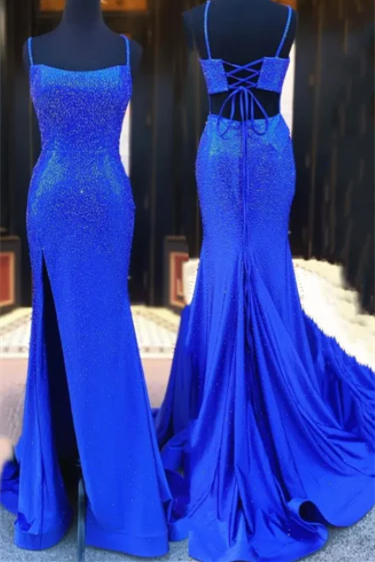 Prom Dress Blush, Beaded Mermaid Royal Blue Slit Long Prom Dress