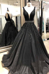 Formal Dresses With Sleeves For Weddings, Sexy Sleeveless V Neck Lace Beading Black Long Prom Dresses