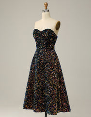 Party Dress Reception Wedding, Black A-Line Tea Length Strapless Glitter Sequin Party Dress