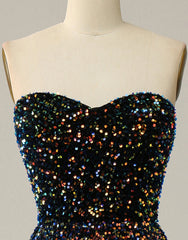 Party Dress Bling, Black A-Line Tea Length Strapless Glitter Sequin Party Dress