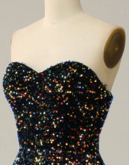 Party Dress Over 53, Black A-Line Tea Length Strapless Glitter Sequin Party Dress