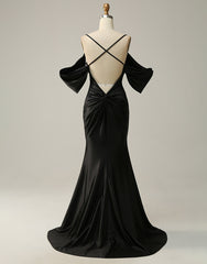 Party Dress Up Ideas Halloween Costumes, Black Off The Shoulder Criss-Cross Back Long Satin Prom Dress
