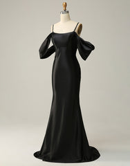 Party Dresses For Christmas Party, Black Off The Shoulder Criss-Cross Back Long Satin Prom Dress