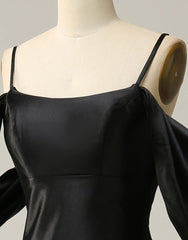 Party Dress With Glitter, Black Off The Shoulder Criss-Cross Back Long Satin Prom Dress