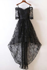 Formal Dress Online, Black Short Sleeve High Low Homecoming Dresses, Lace Appliques Sweetheart Prom Dress
