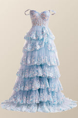 Bridesmaids Dresses Convertible, Off the Shoulder Light Blue Sequin Ruffles Long Formal Dress