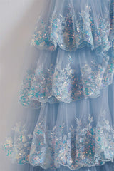 Bridesmaid Dresses Convertible, Off the Shoulder Light Blue Sequin Ruffles Long Formal Dress