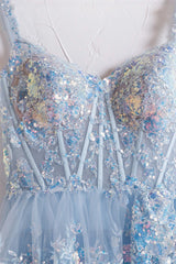 Bridesmaid Dresses Convertable, Off the Shoulder Light Blue Sequin Ruffles Long Formal Dress