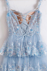 Bridesmaids Dress Convertible, Off the Shoulder Light Blue Sequin Ruffles Long Formal Dress