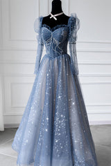 Formal Dress For Teen, Blue Sparkly Tulle Prom Dress with Long Sleeves, New Style Long Dress with Beading