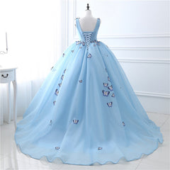 Bridesmaid Dress Fall Colors, Blue Butterfly Flowers Lace Up Ball Gowns Long Prom Dresses