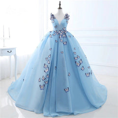 Bridesmaid Dressing Gown, Blue Butterfly Flowers Lace Up Ball Gowns Long Prom Dresses