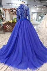Bridesmaids Dresses Spring, Blue Long Sleeves V Neck Tulle Prom Dresses with Beading