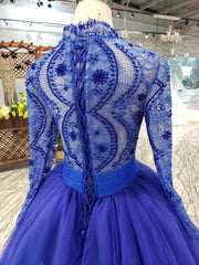 Bridesmaid Dress Spring, Blue Long Sleeves V Neck Tulle Prom Dresses with Beading