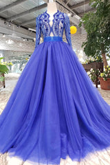 Bridesmaid Dress On Sale, Blue Long Sleeves V Neck Tulle Prom Dresses with Beading