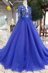 Bridesmaid Dresses On Sale, Blue Long Sleeves V Neck Tulle Prom Dresses with Beading