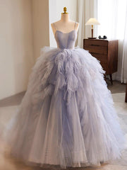 Dress Design, Blue Tulle Long Prom Gown, Blue Tulle Long Sweet 16 Dress