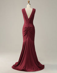 Party Dress Mid Length, Burgundy Mermaid V-Neck Long Glitter Prom Dress With Pleating