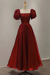 Formal Dress For Party Wear, Burgundy A Line Long Prom Dress with Short Sleeves, New Party Gown