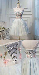 Party Outfit Night, Short Grey Homecoming Prom Dresses With Flower Lace Up Mini Fancy Homecoming Dresses, C0102