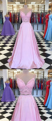 Corset Prom Dress, A Line V Neck 2 Pieces Pink Lace Prom Dresses, Pink 2 Pieces Lace Formal Graduation Evening Dresses, C0125