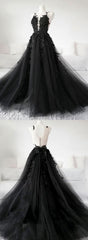 Lace Dress, Chic Pretty Black Tulle Applique Long Prom Dress, Black Evening Dress, C0730