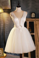 Bridesmaid Dress Dusty Rose, Champagne V-Neck Tulle Short Prom Dress, A-Line Evening Party Dress