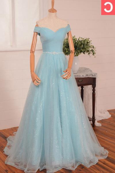 Prom Dress Store, 2024 Blue Floor-Length/Long A-Line/Princess Off-the-Shoulder Beading Tulle Prom Dresses