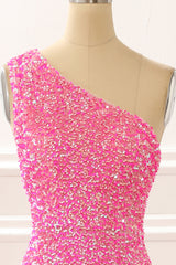Formal Dress Winter, Hot Pink One Shoulder Sparkly Prom Dress