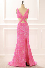Formal Dressed Long Gowns, Hot Pink Mermaid Sparkly Prom Dress with Slit