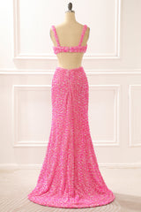 Formal Dress Long Gown, Hot Pink Mermaid Sparkly Prom Dress with Slit