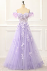 Party Dress Hair Style, Lavender Off Shoulder Appliques Prom Dress with Feathers