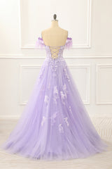Party Dress Dress Up, Lavender Off Shoulder Appliques Prom Dress with Feathers