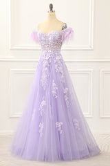 Party Dresses Store, Lavender Off Shoulder Appliques Prom Dress with Feathers