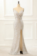 100 Prom Dress, Champagne Mermaid Sequin Prom Dress with Slit
