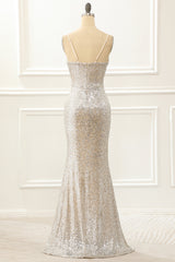 Wedding Guest Dress Summer, Champagne Mermaid Sequin Prom Dress with Slit