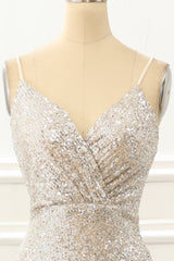 Summer Wedding Guest Dress, Champagne Mermaid Sequin Prom Dress with Slit