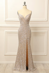 Bridesmaid Dress Shops, Silver Sequins Long Prom Dress with Slit