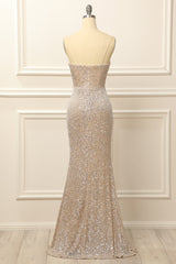 Bridesmaid Dress Sale, Silver Sequins Long Prom Dress with Slit