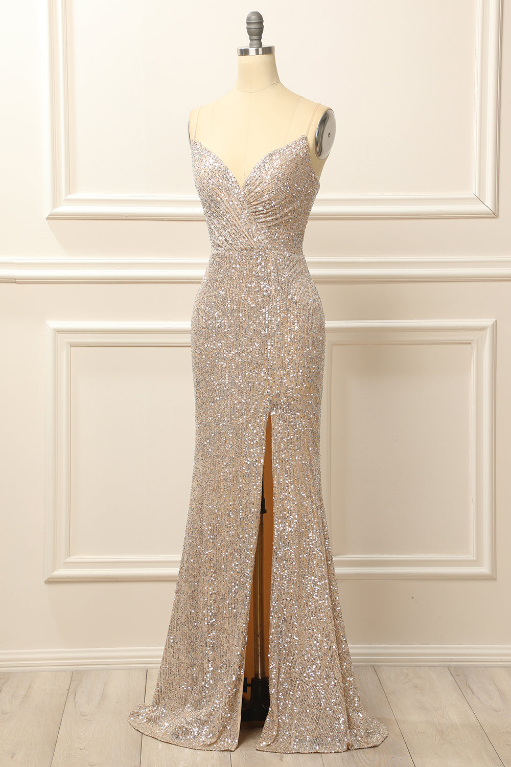 Bridesmaid Dress Custom, Silver Sequins Long Prom Dress with Slit