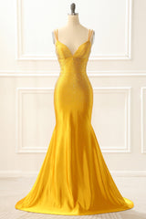 Evening Dress Online, Yellow Satin Mermaid Glitter Prom Dress with Beading