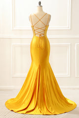 Evening Dress Cheap, Yellow Satin Mermaid Glitter Prom Dress with Beading