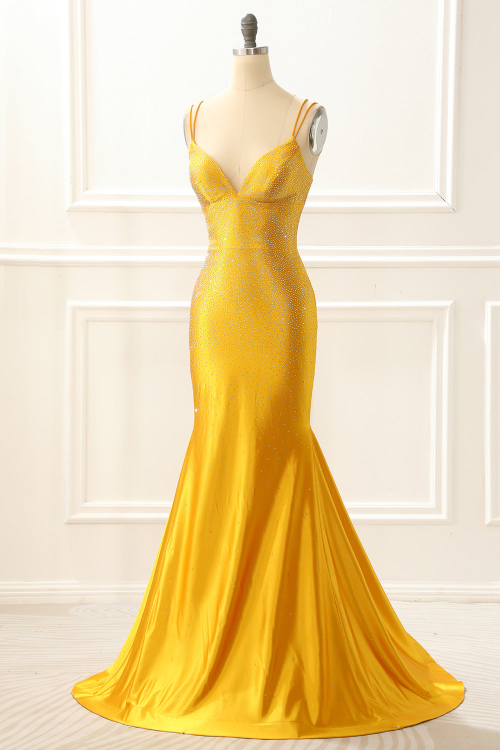 Evening Dresses Formal, Yellow Satin Mermaid Glitter Prom Dress with Beading
