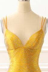 Evening Dress Formal, Yellow Satin Mermaid Glitter Prom Dress with Beading