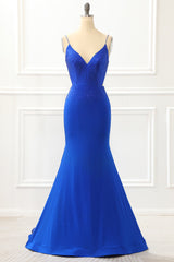 Evening Dress For Party, Mermaid Royal Blue Satin Glitter Prom Dress with Beading