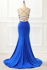 Evening Dress For Weddings, Mermaid Royal Blue Satin Glitter Prom Dress with Beading